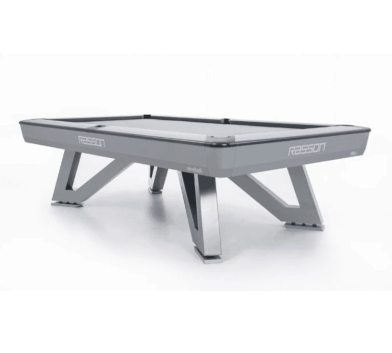 Bàn bida Pool Rasson Woft màu xám trên nền trắng với hệ chân chéo dạng chữ V
