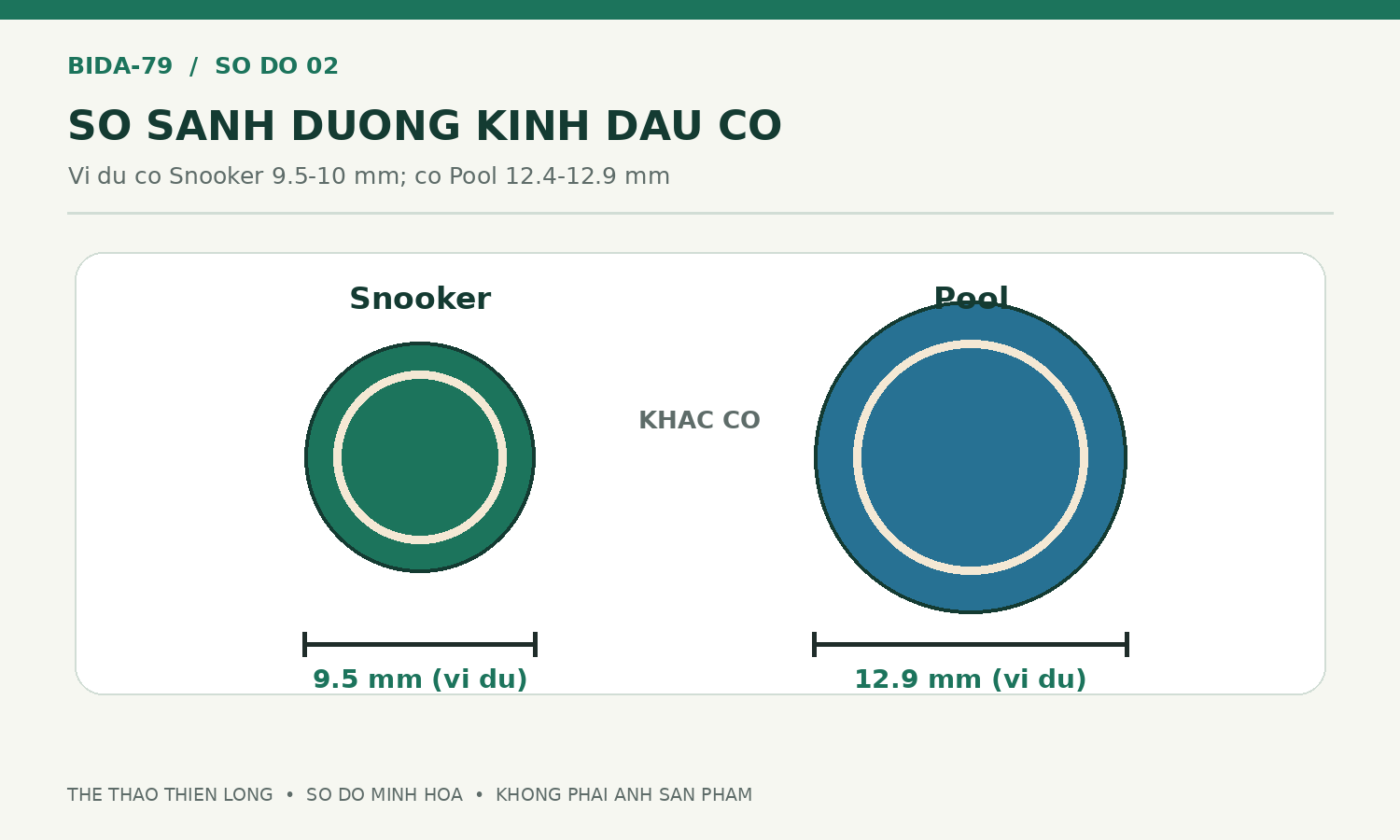 So sánh đường kính đầu cơ Snooker 9,5 mm và cơ Pool 12,9 mm