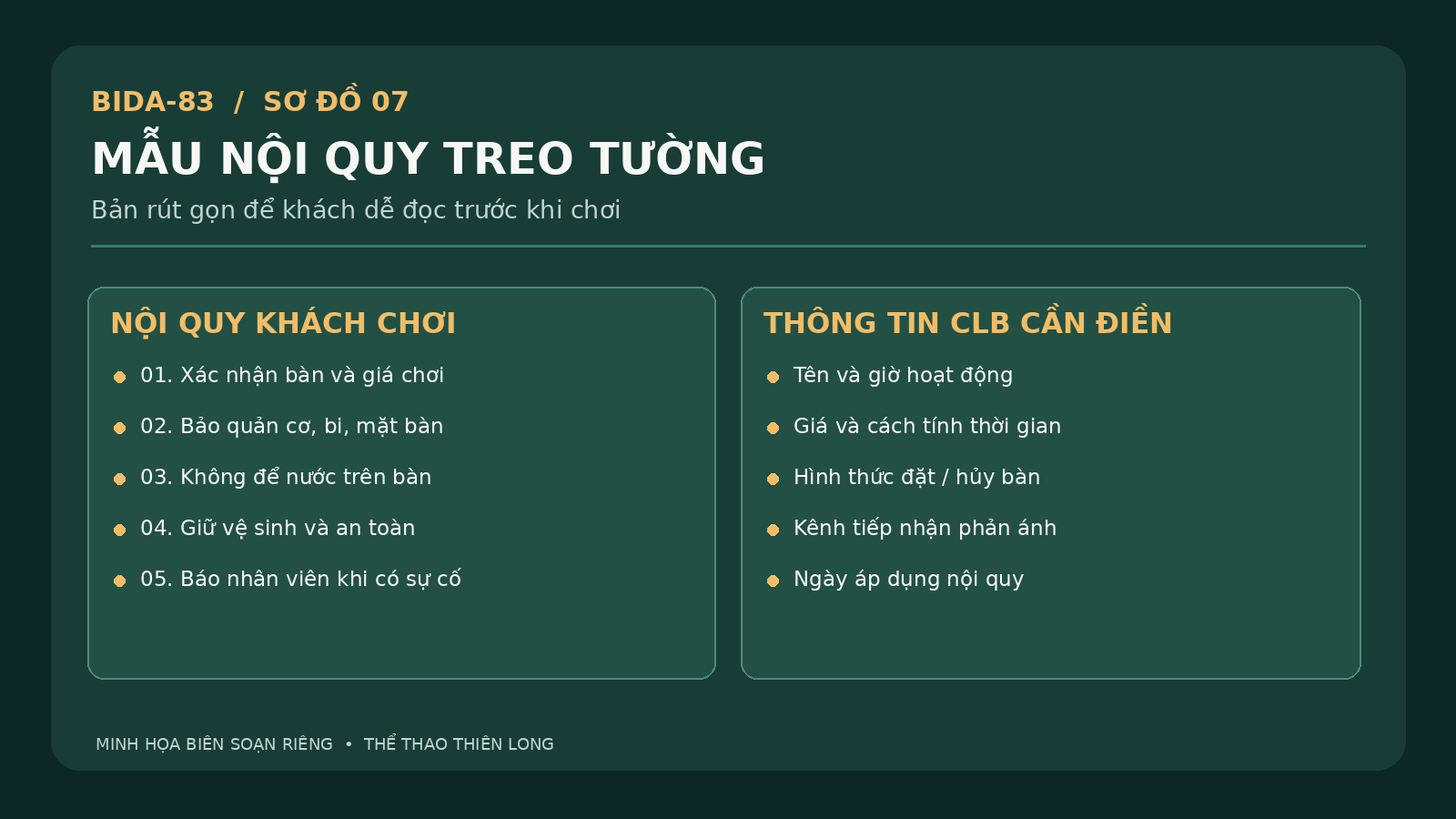 Mẫu nội quy treo tường quán bida với năm quy tắc và danh sách thông tin CLB cần điền
