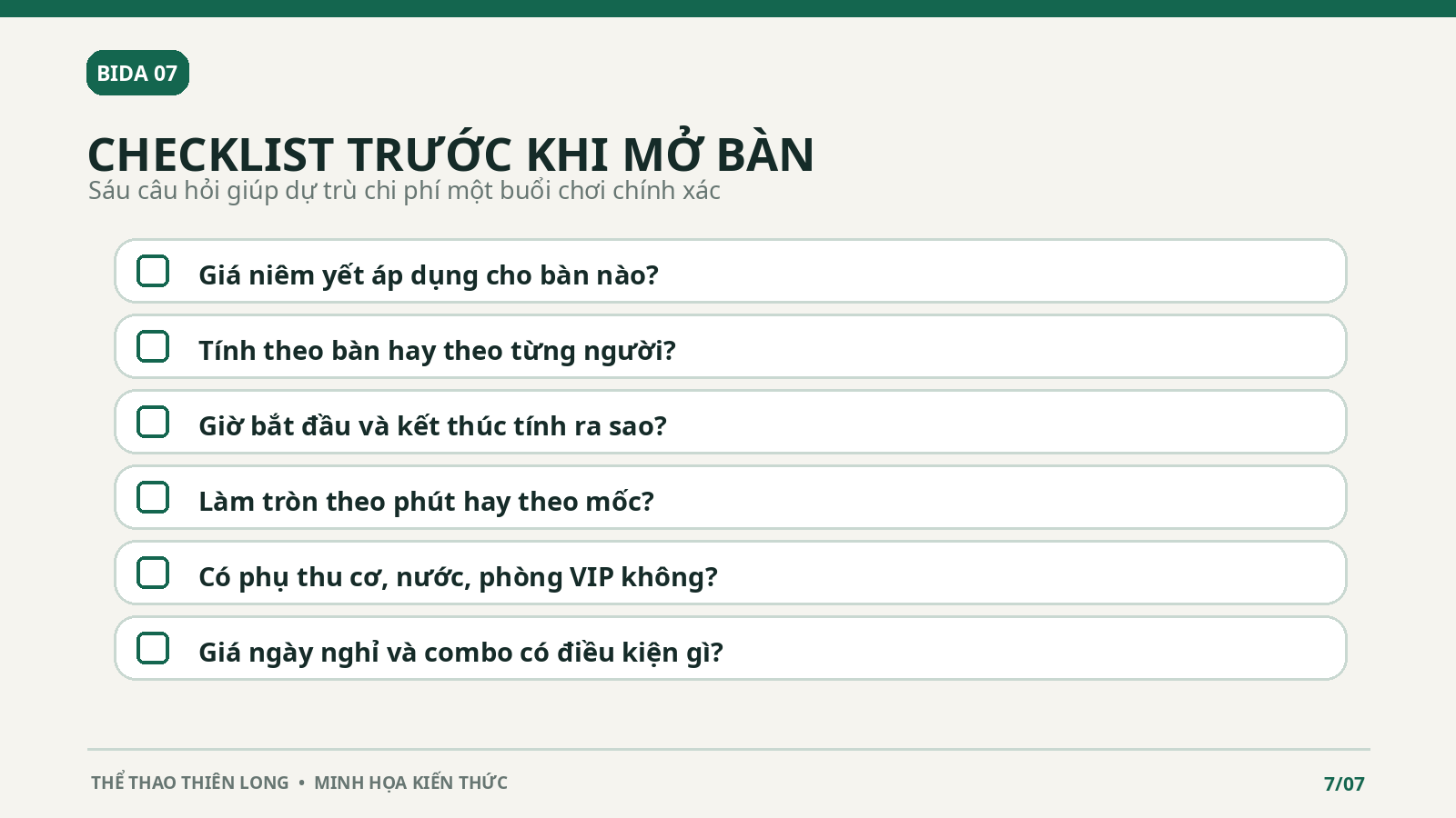 Danh sách sáu câu hỏi cần kiểm tra về đơn giá cách tính giờ phụ thu và combo trước khi chơi bida