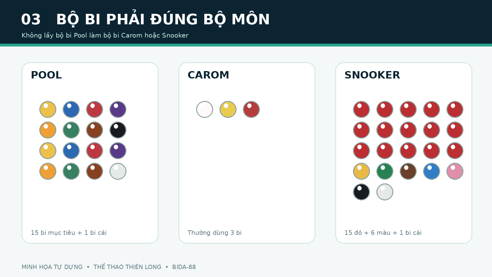 Minh họa ba loại bộ bi Pool Carom và Snooker sử dụng tại câu lạc bộ bida