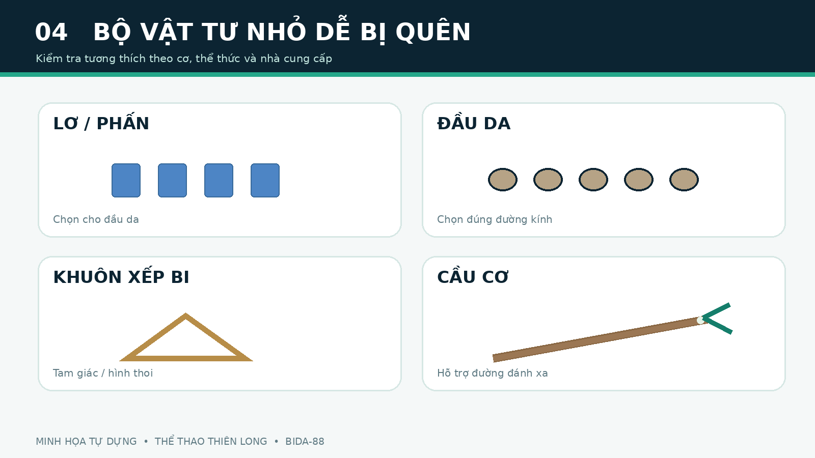 Bốn phụ kiện nhỏ dùng tại quán bida gồm lơ đầu da khuôn xếp bi và cầu cơ