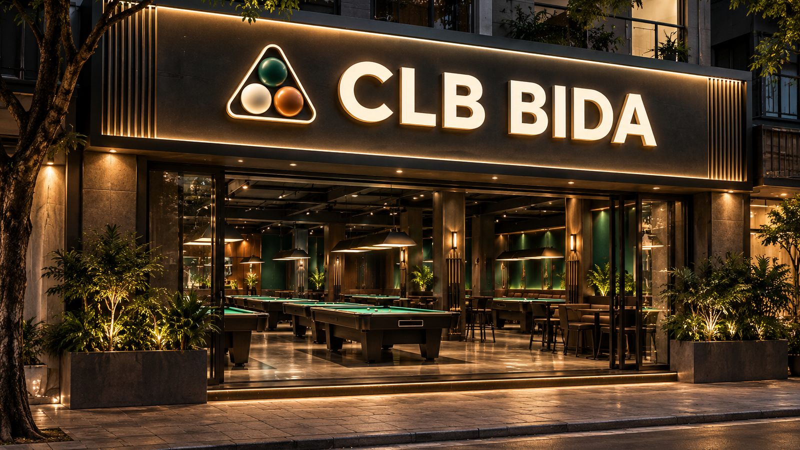 Phối cảnh minh họa bảng hiệu CLB bida chữ nổi sáng trên mặt tiền cửa kính