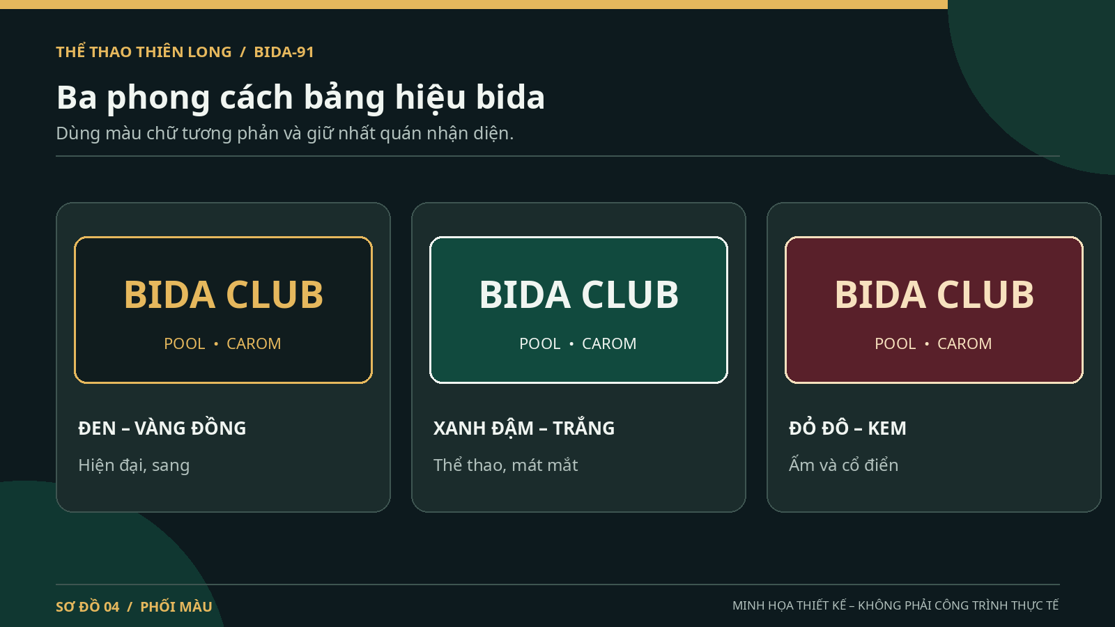 Ba cách phối màu bảng hiệu bida nền đen vàng đồng xanh trắng và đỏ đô kem