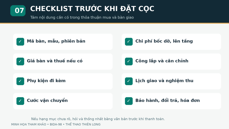 Checklist báo giá và nghiệm thu bàn bida tại Đà Nẵng
